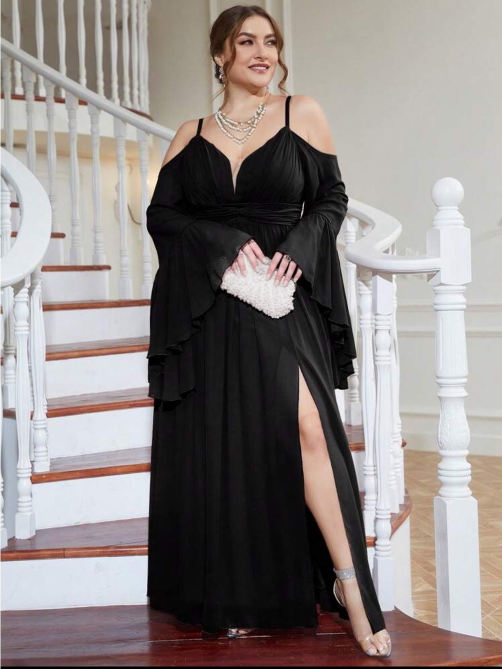 Elegant unithorse Black Cold-Shoulder Evening Gown with Thigh Slit 2XL